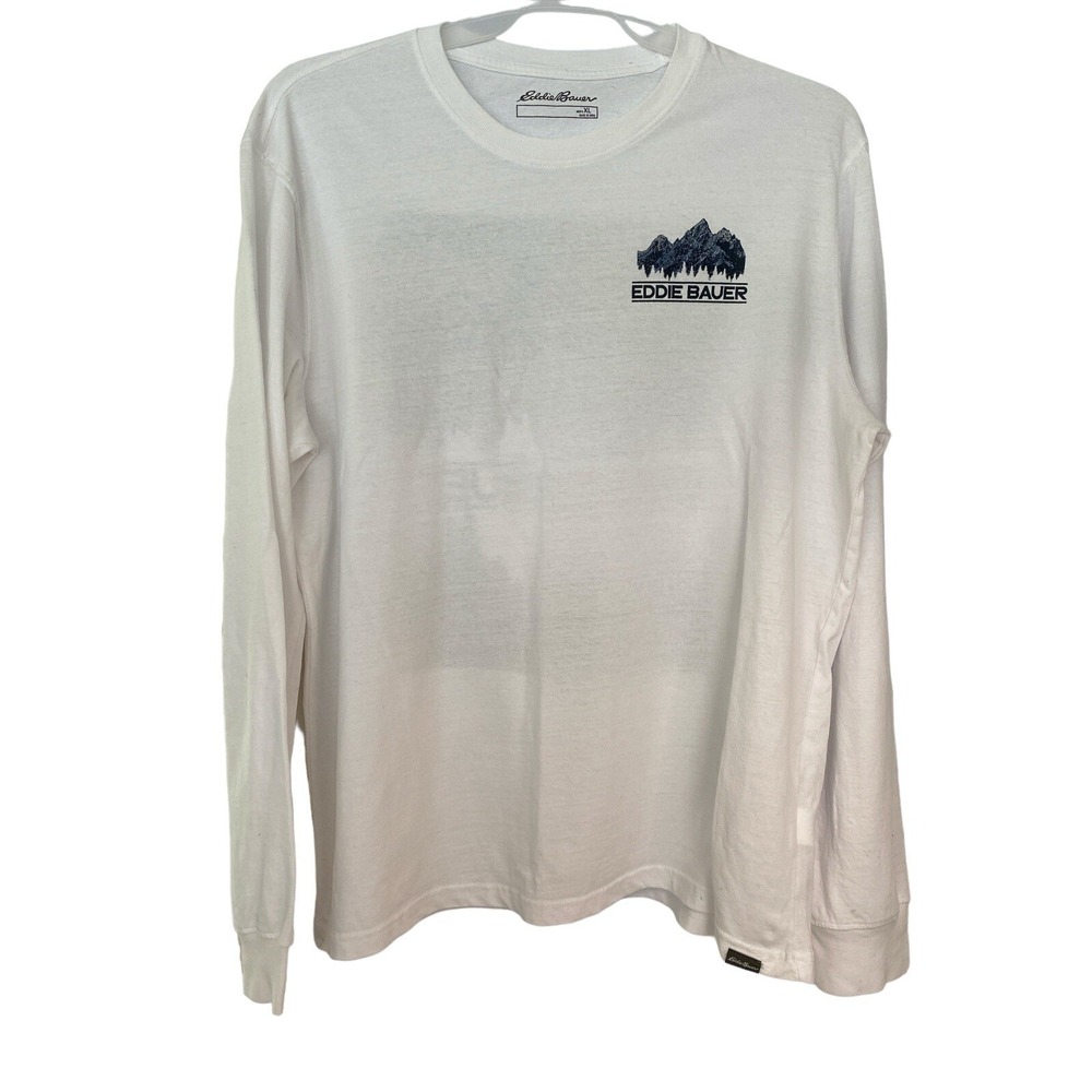 Mens XL Eddie Bauer White Graphic Long Sleeve Graphic Mountain Tee Shirt
